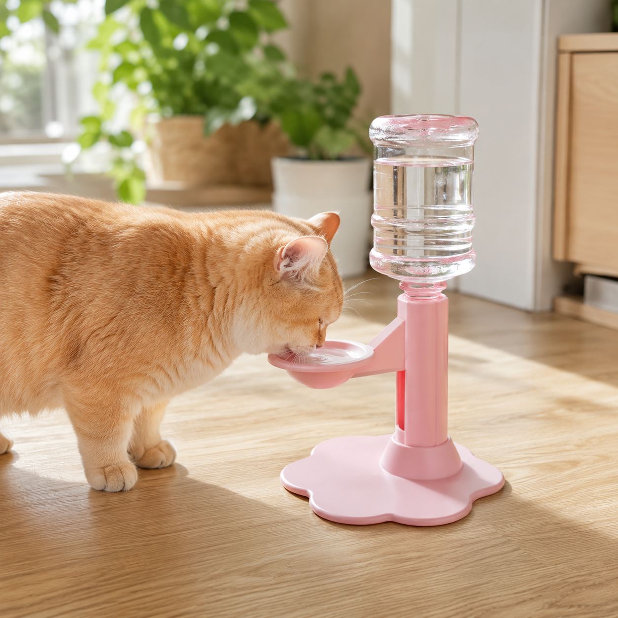 Fontaine Fleur rose chat buvant