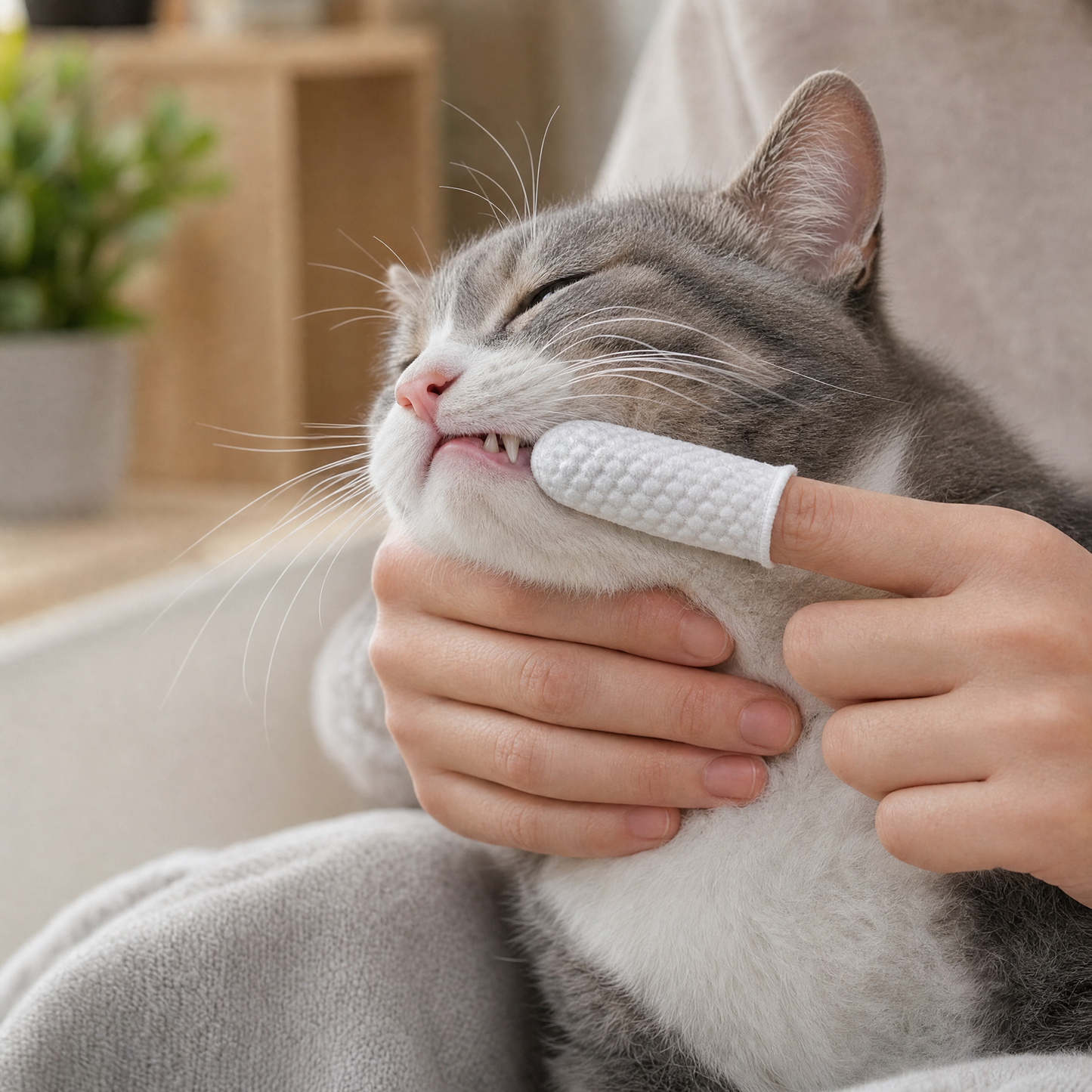 Chat détendu pendant le nettoyage de ses dents avec un doigtier CutyPet