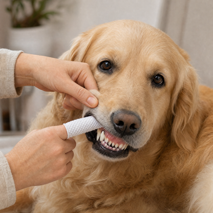 Golden retriever détendu pendant le nettoyage de ses dents avec un doigtier CutyPet