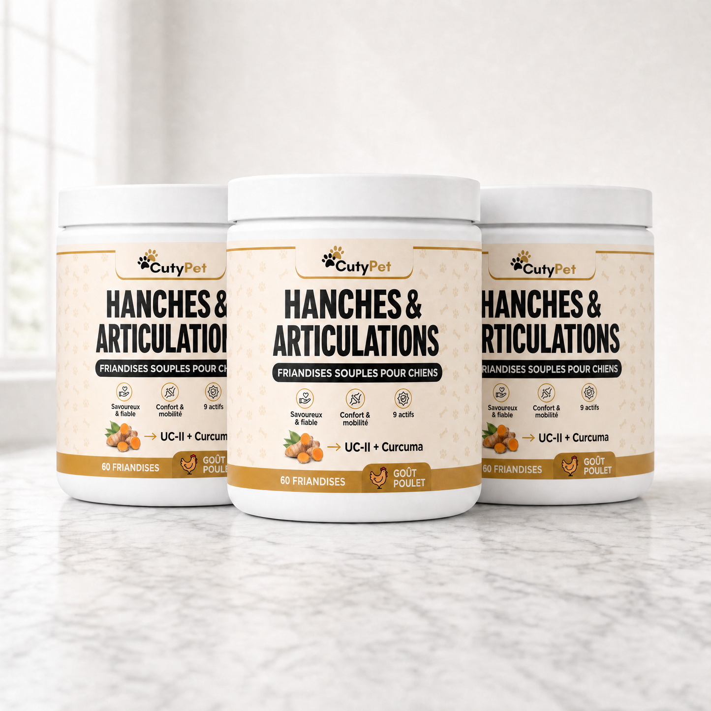 Trois pots de friandises CutyPet Hanches & Articulations, la cure de 90 jours