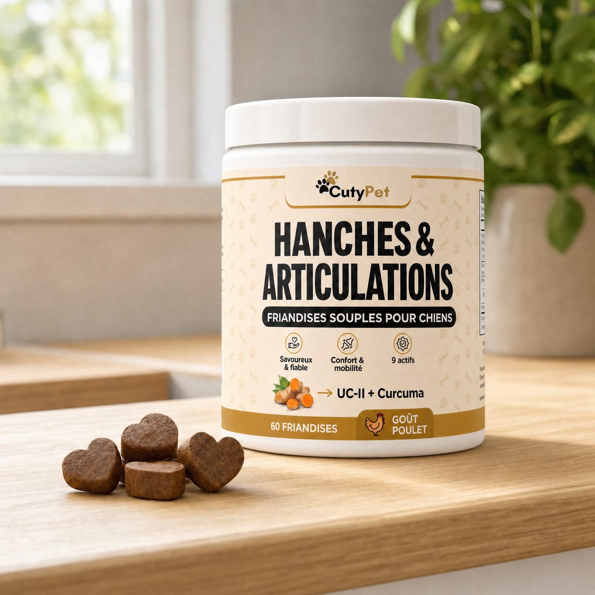 Pot CutyPet Hanches & Articulations sur un plan de travail avec des friandises souples