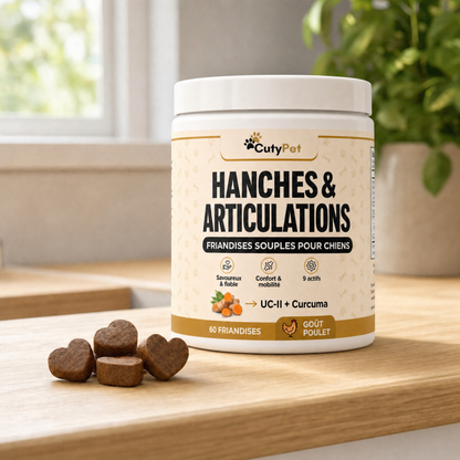 Pot CutyPet Hanches & Articulations sur un plan de travail avec des friandises souples