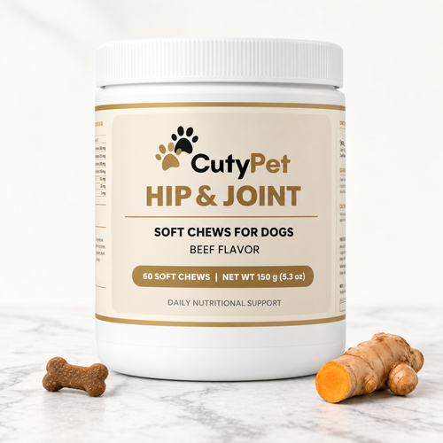 Pot de friandises CutyPet Hip & Joint sur marbre, avec une friandise en forme d'os et du curcuma frais
