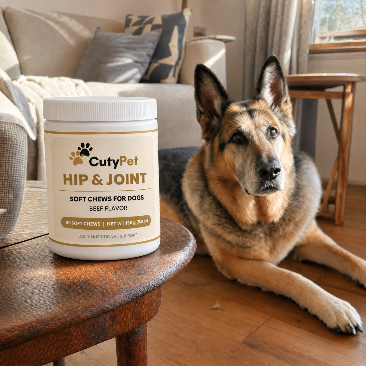 Berger allemand âgé au repos dans un salon, à côté du pot CutyPet Hip & Joint