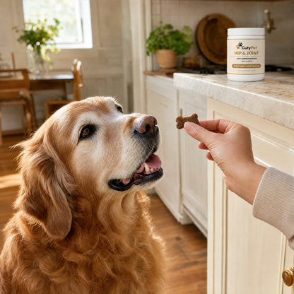 Golden retriever âgé prenant une friandise CutyPet en forme d'os dans la main de sa maîtresse