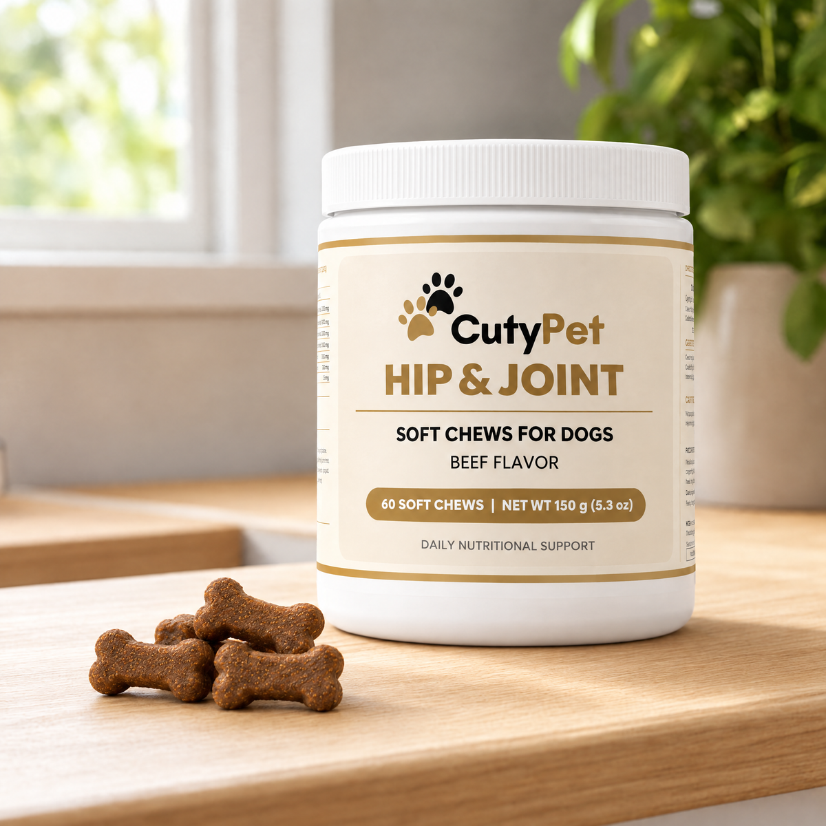 Pot CutyPet Hip & Joint sur un plan de travail avec des friandises en forme d'os