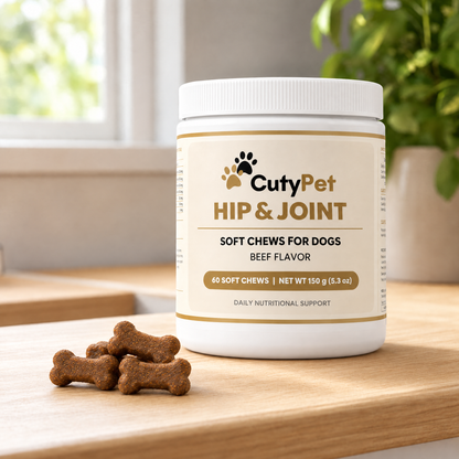 Pot CutyPet Hip & Joint sur un plan de travail avec des friandises en forme d'os