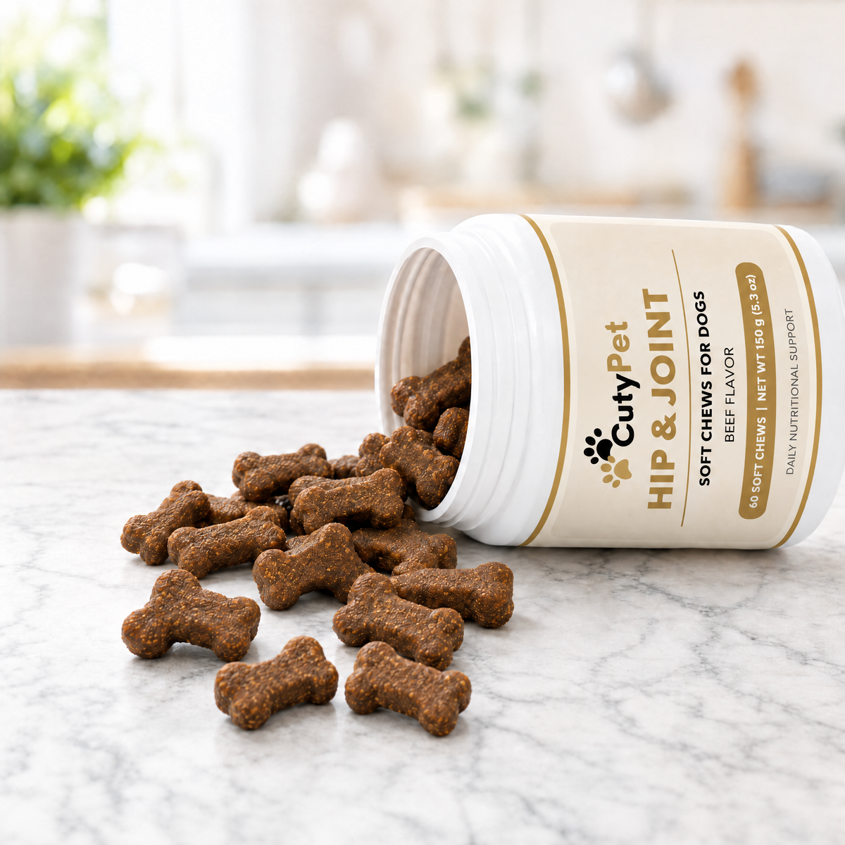 Friandises souples au bœuf en forme d'os qui débordent du pot CutyPet Hip & Joint