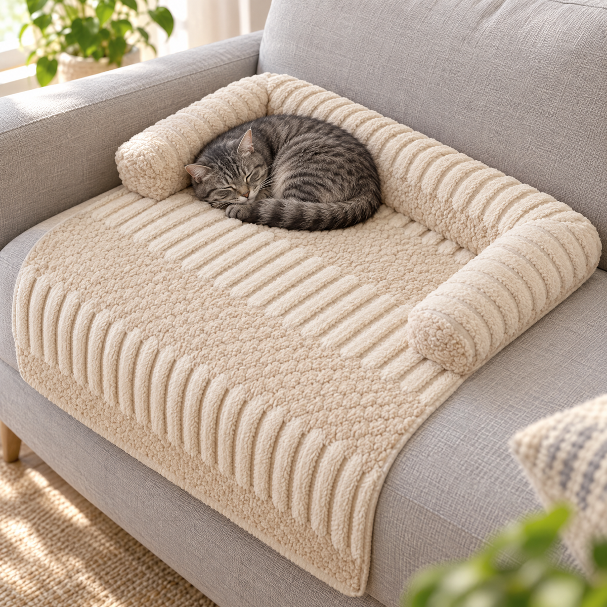 Protège-canapé beige avec chat
