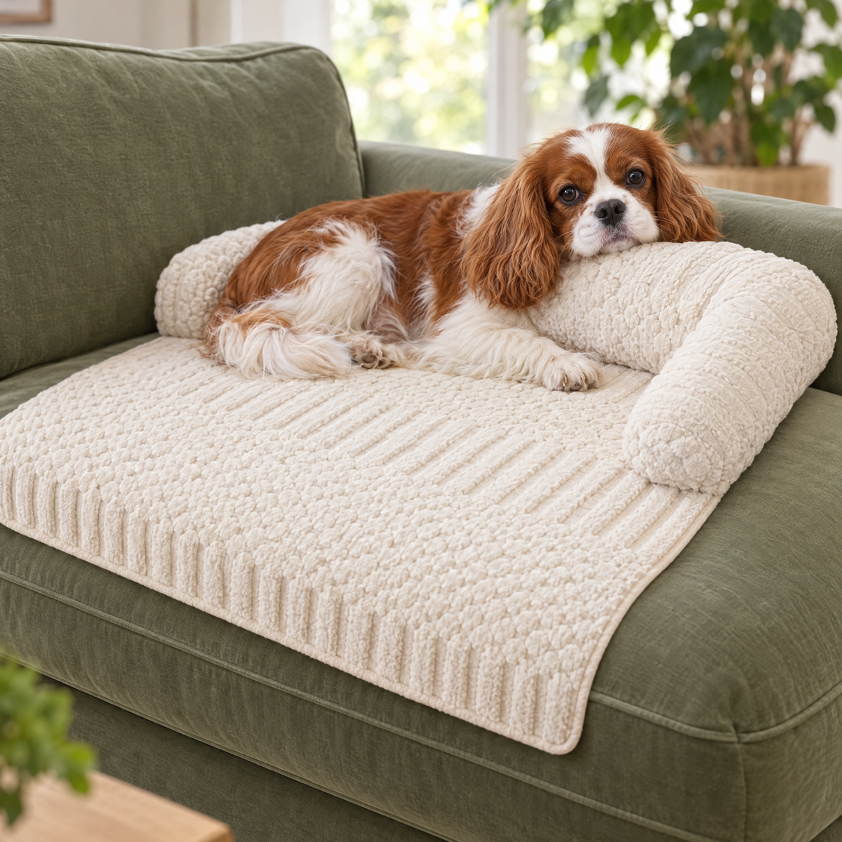 Protège-canapé crème avec cavalier king charles