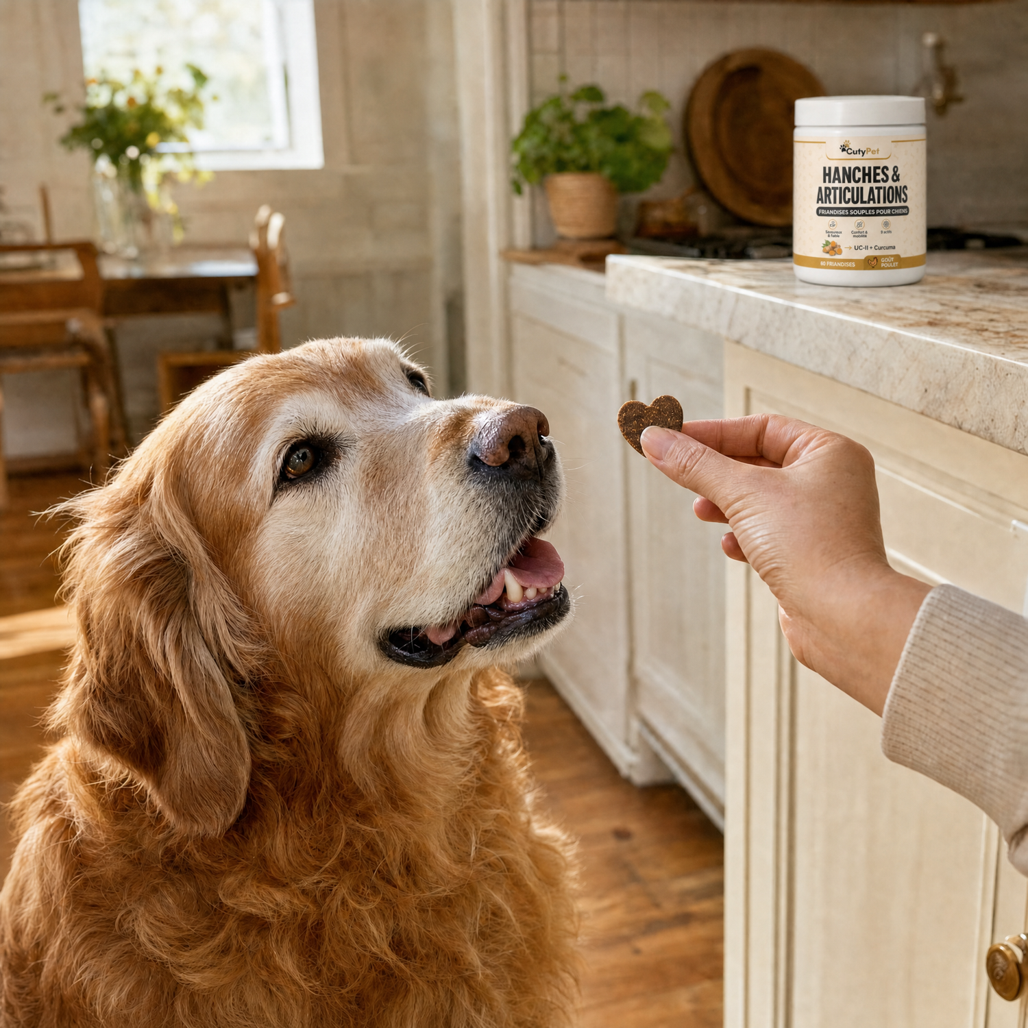 Golden retriever âgé prenant une friandise CutyPet dans la main de sa maîtresse