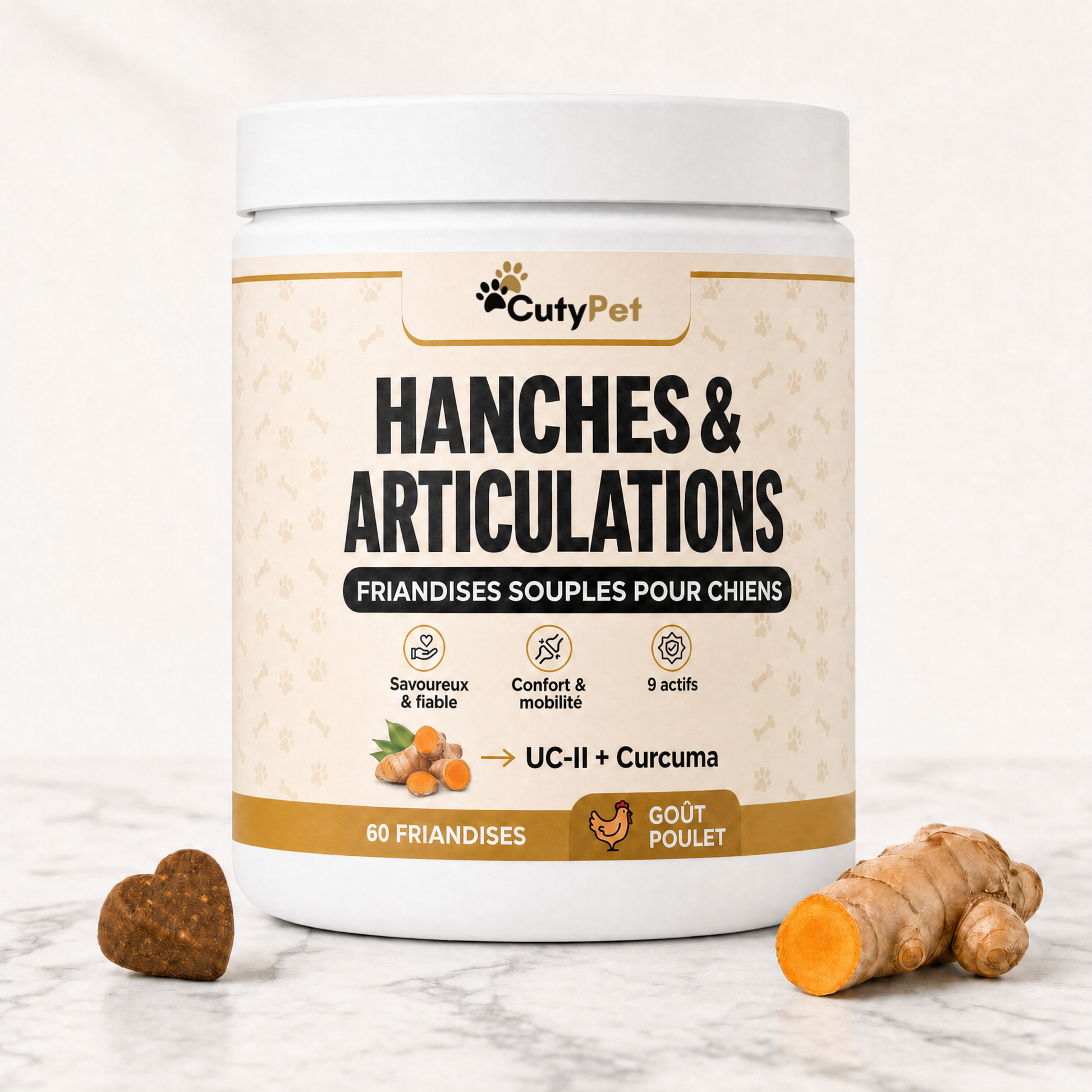 Pot de friandises CutyPet Hanches & Articulations sur marbre avec une friandise et du curcuma frais