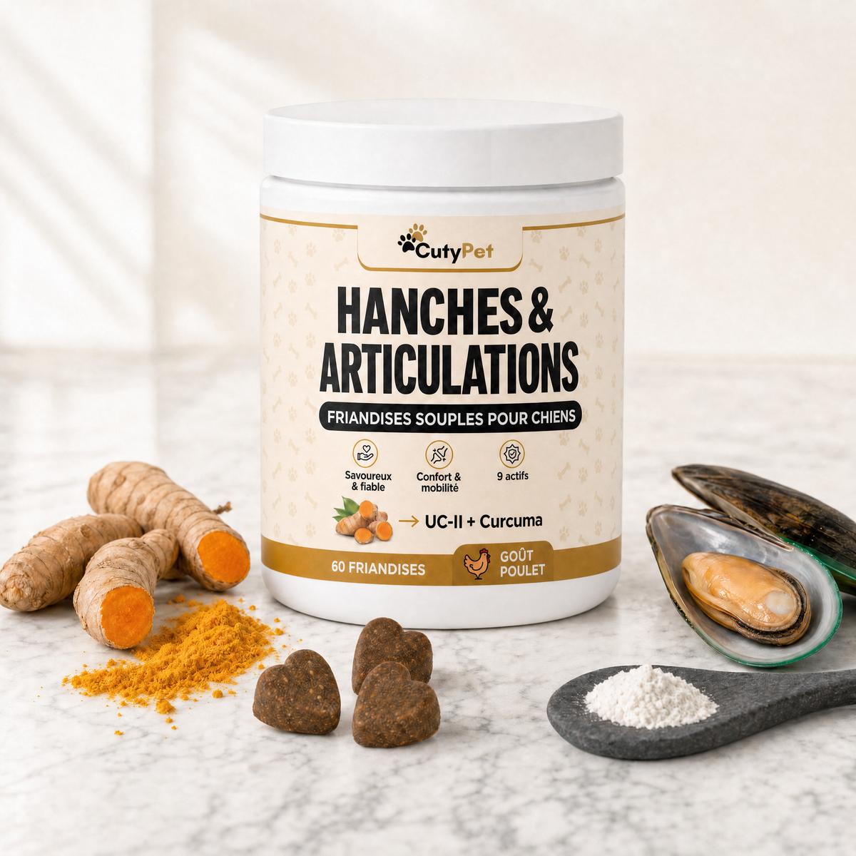Pot CutyPet Hanches & Articulations avec curcuma frais, poudre de curcuma et moule verte