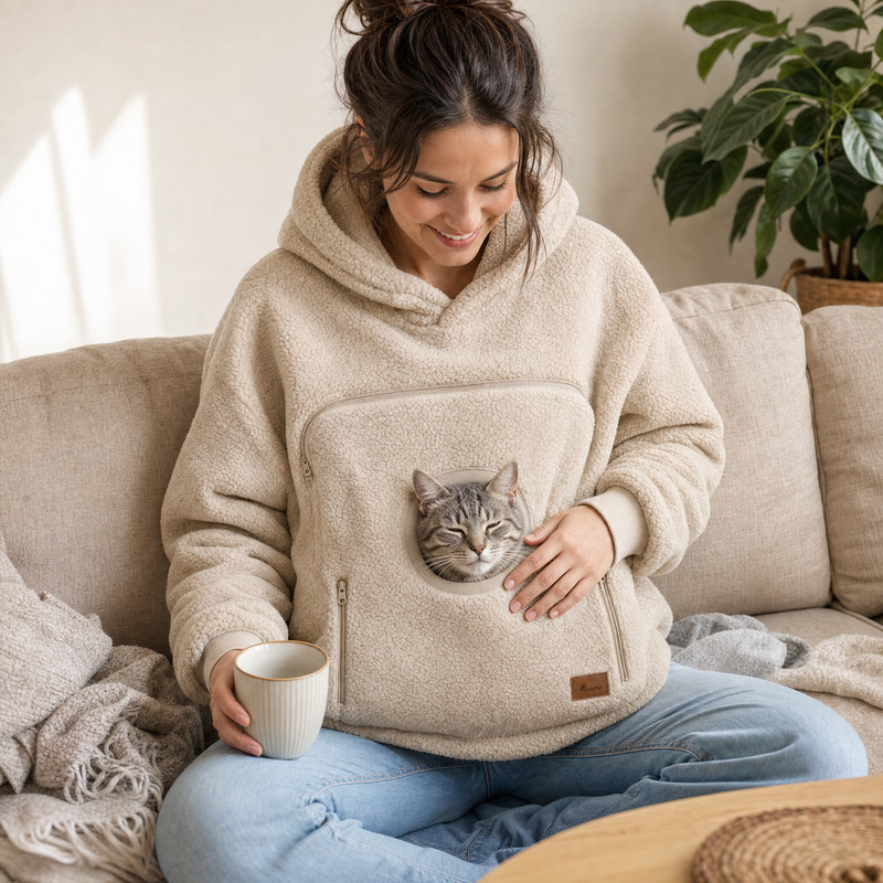 Sweat à Poche CutyPet en crème, chat blotti dans la poche avant