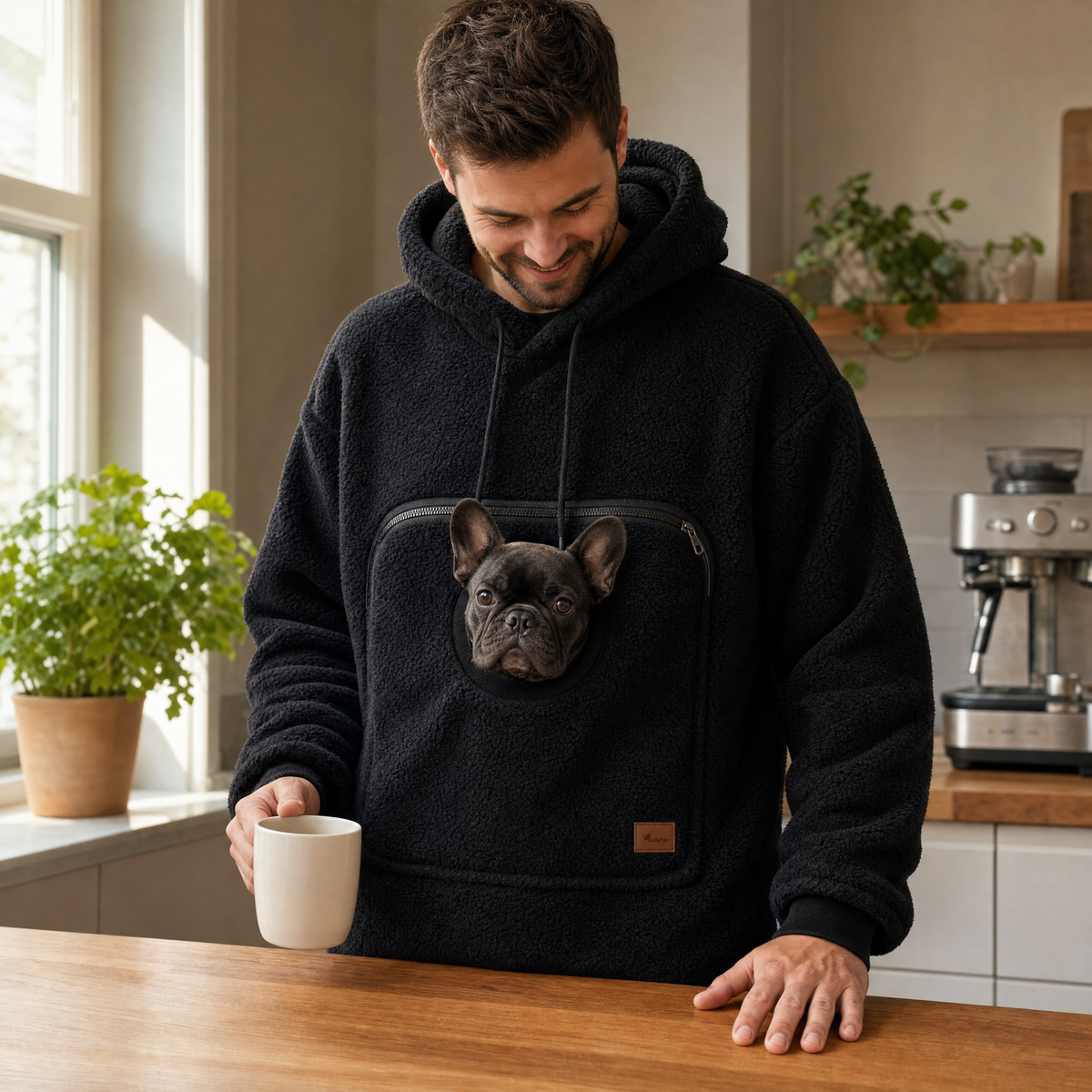 Sweat à poche noir avec un bouledogue français dans la poche