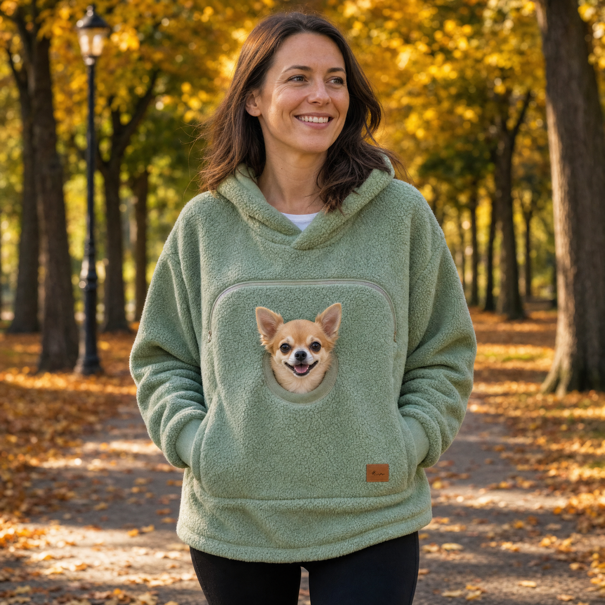 Sweat à poche olive dehors avec un chihuahua